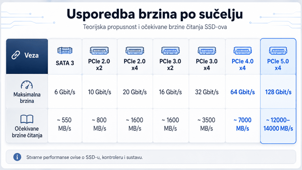 Chart comparing SSD interface speeds Veza SATA 3 PCIe 20304050 with max speeds and read speeds MBs