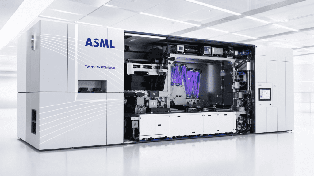 ASML TwinScan EXE5200B lithography system in a bright cleanroom like facility with its side panel opened to reveal internal machinery and wiring