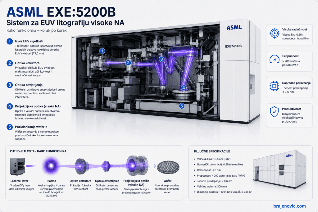 ASML EXE5200B high NA EUV lithography system diagram with purple lit internal optics and five labeled stages plus side feature list in Croatian