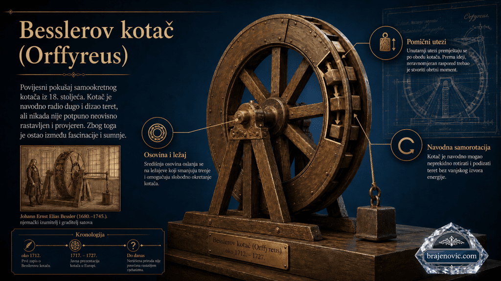 Infographic about Besslers wheel Orffyreus with a large wooden mechanism and labeled explanations in Croatian