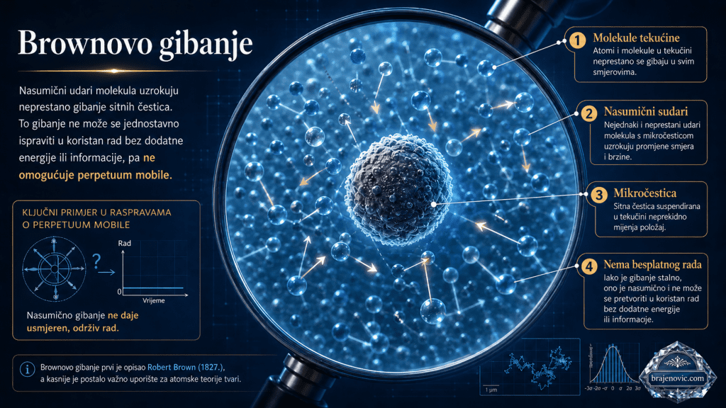 Infographic explaining Brownian motion magnified cell surrounded by moving molecules with four labeled descriptions on the right
