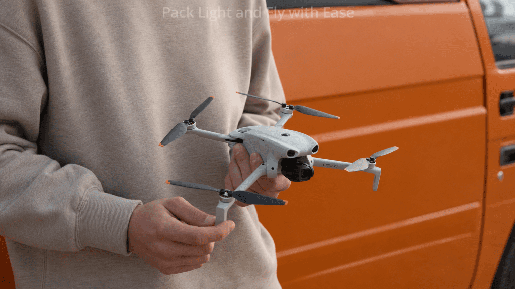 Person in a beige hoodie holds a gray quadcopter drone with four propellers in front of an orange vehicle camera facing forward