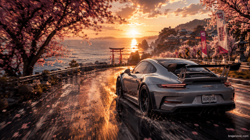 Silver Porsche GT3 RS racing along a coastal winding road at sunset with cherry blossoms and banners in the background ocean view to the left