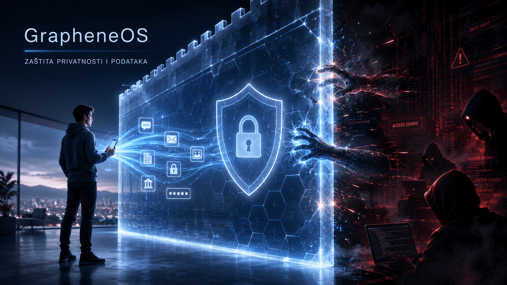 Person in hoodie using a smartphone next to a glowing shield of data privacy on a holographic wall with cyber attackers on the right