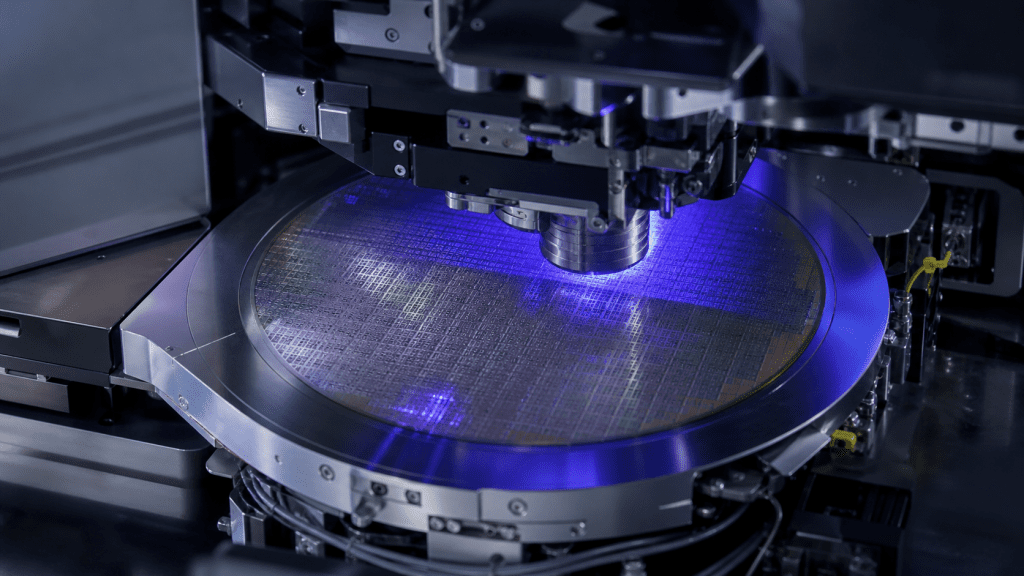 Close up of a silicon wafer on a blue lit semiconductor fabrication machines rotary chuck