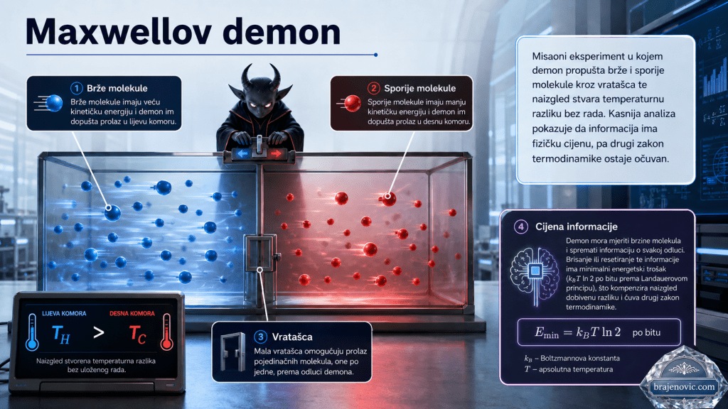 Infographic about Maxwells demon showing blue cold left chamber and red hot right chamber with a demon at top and captions explaining molecule speeds and a door control panel