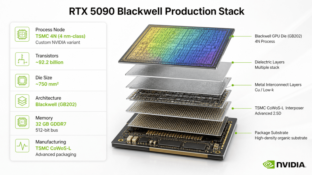 Exploded view of the RTX 5090 Blackwell production stack showing stacked chip layers with key specs process node transistor count die size architecture memory and NVIDIA logo