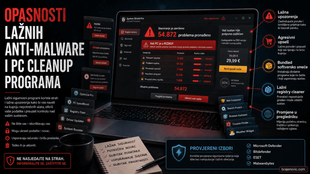Promotional collage showing a laptop with a dark antivirus dashboard and red warnings about fake malware protection