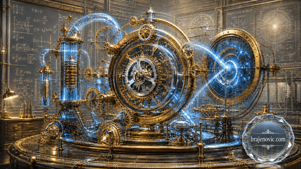 Ornate brass steel steampunk machine with interconnected gears and glowing blue energy tubes in a lab setting with chalkboard equations in the background
