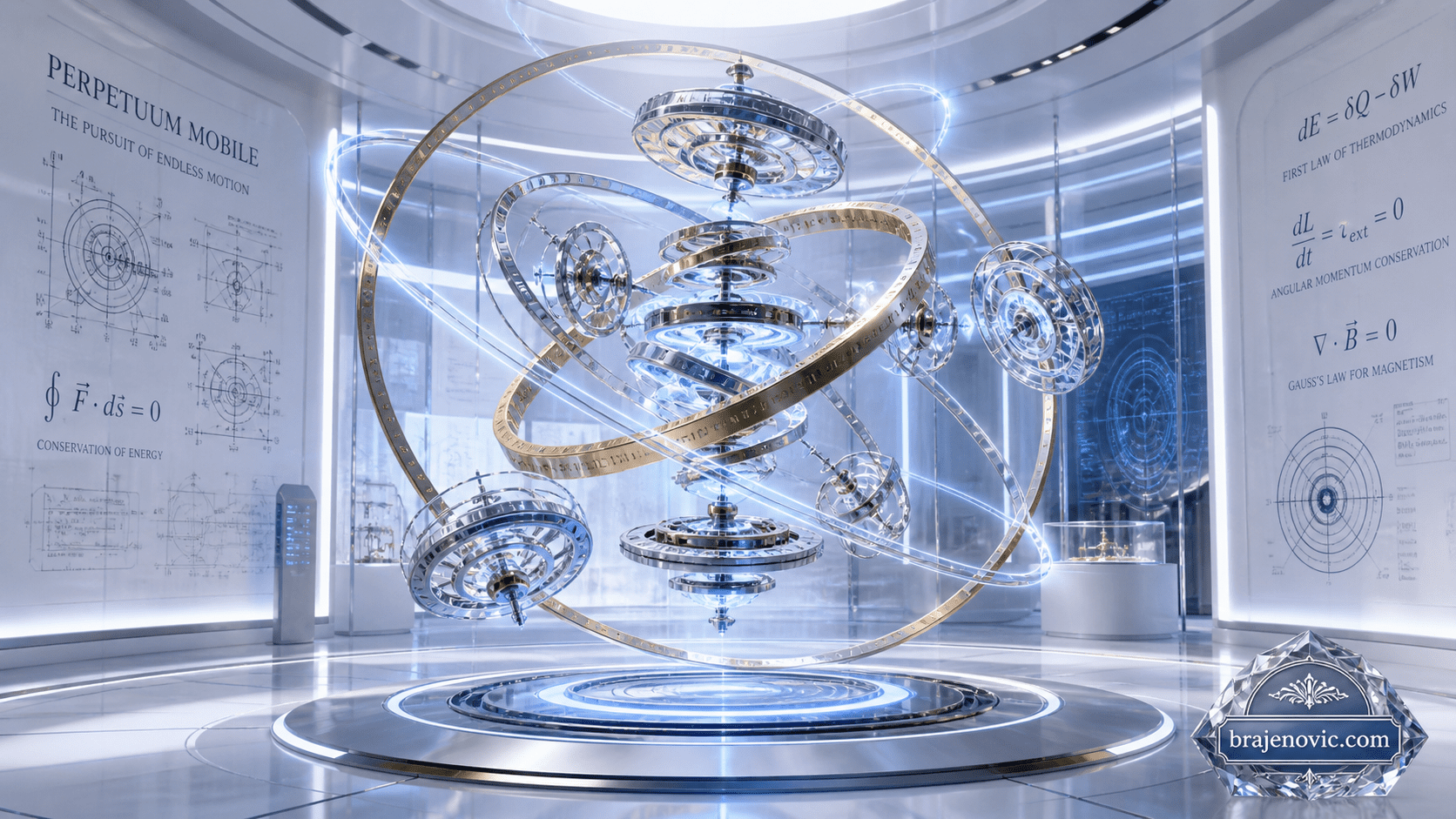 Intricate metallic orbital sculpture with glowing blue rings orbiting a central axis in a bright high tech gallery