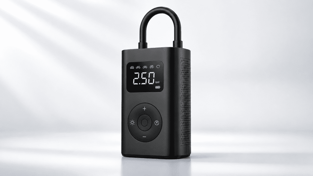 Portable digital tire inflator with a 250 BAR readout and circular control pad on a black body