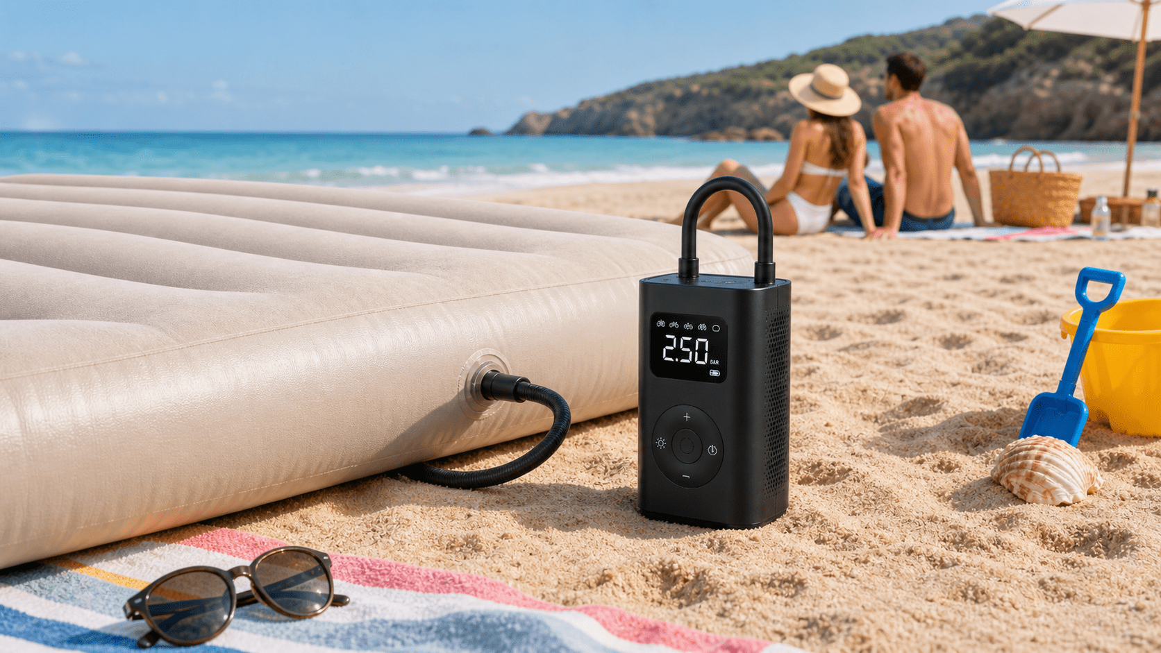 Beige inflatable air mattress on sandy beach connected to a portable black electric pump with a digital display nearby sunglasses and a colorful towel lie in the foreground a couple relaxes in the background beneath a parasol