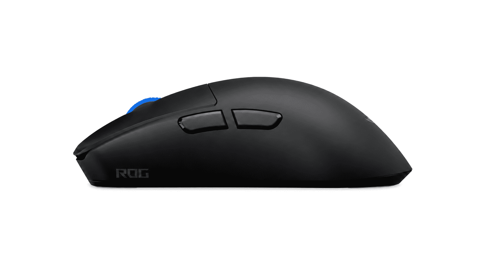Black gaming mouse with two side buttons and a blue scroll wheel on a white background