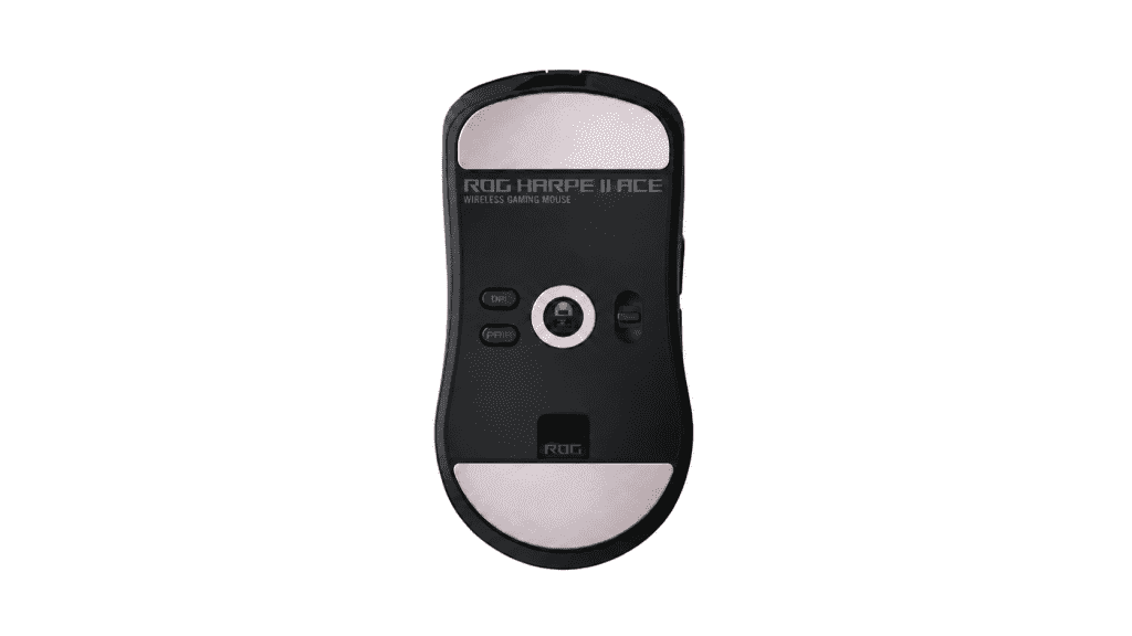 ROG Harpe II Ace wireless gaming mouse black with light pink panels shown from the top with DPI and PAIR buttons visible