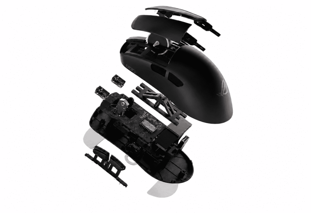Exploded view of a black gaming mouse showing the shell PCB switches and internal components separated