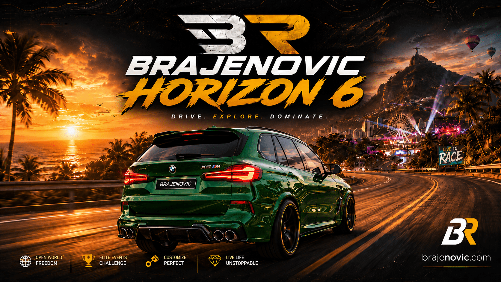 Promotional banner for Brajenovic Horizon 6 featuring a green BMW X5 M on a coastal highway at sunset with a futuristic city backdrop and logo text