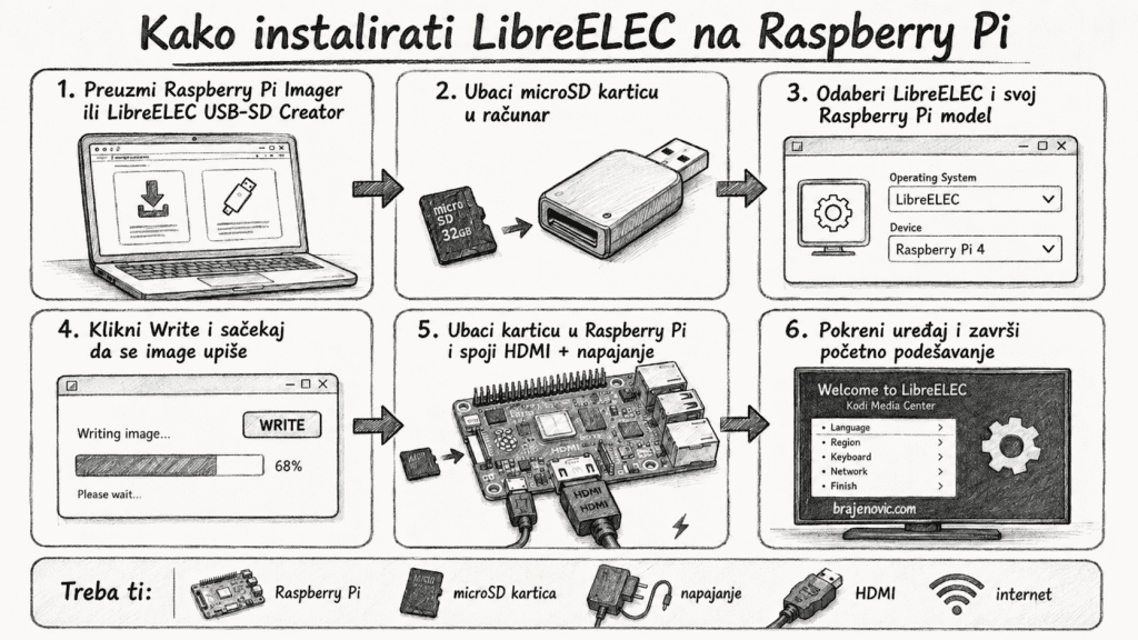 Six panel guide showing steps to install LibreELEC on Raspberry Pi with a laptop microSD card USB drive Raspberry Pi board HDMI cables and TV setup BosnianSerbian