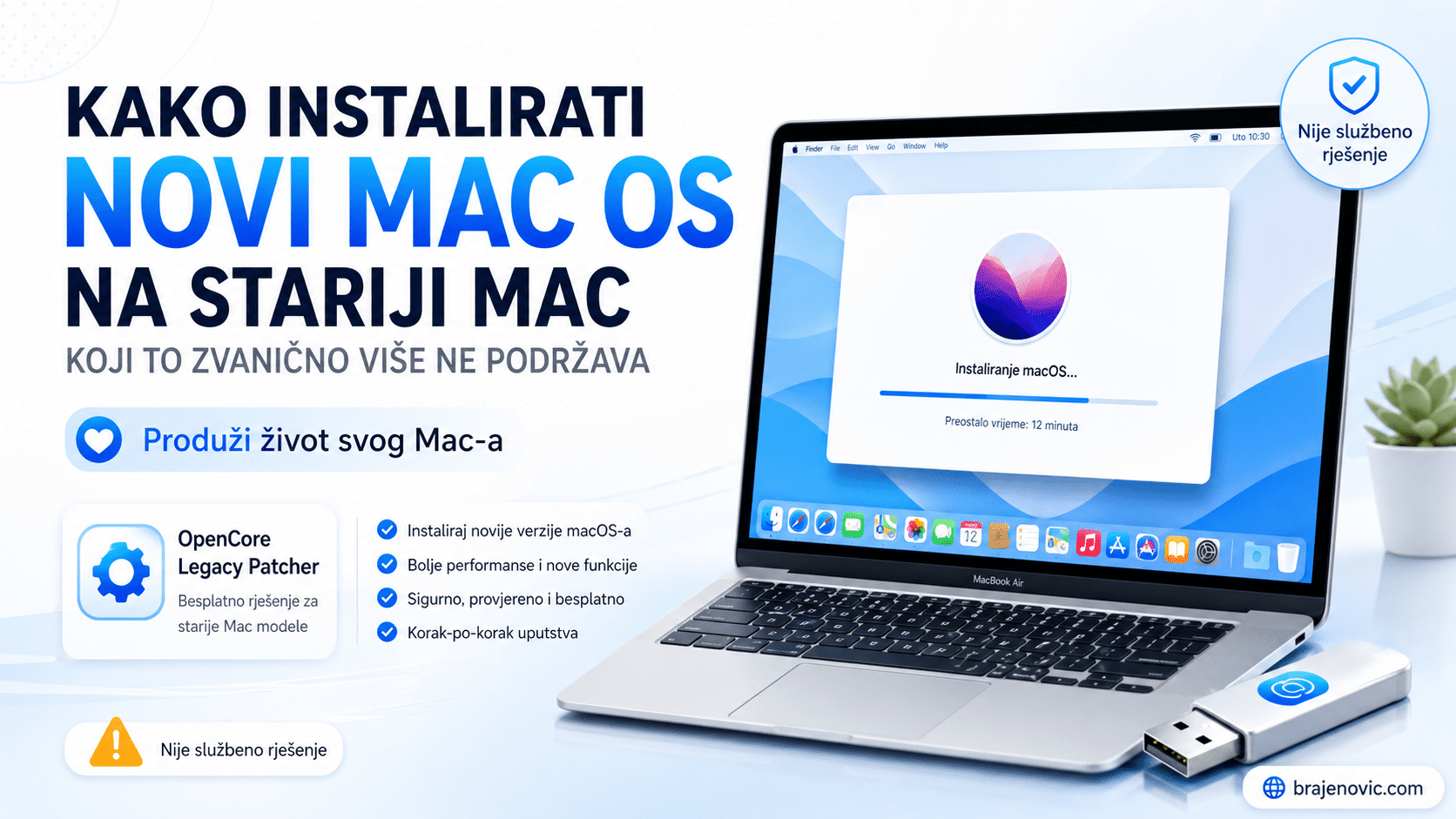 Promotional banner how to install the new macOS on an older Mac featuring a MacBook and a USB installer
