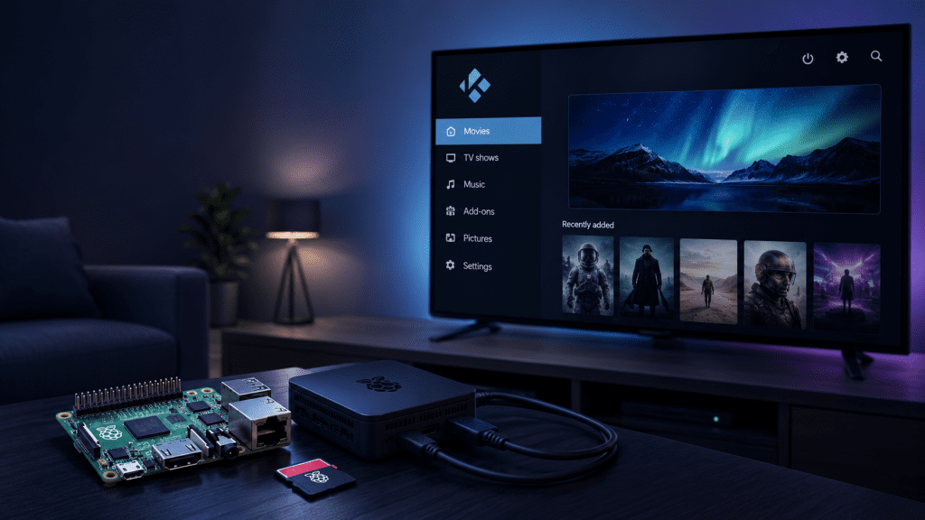 Raspberry Pi setup on a table with a TV displaying a media menu and recent movie thumbnails in a living room scene