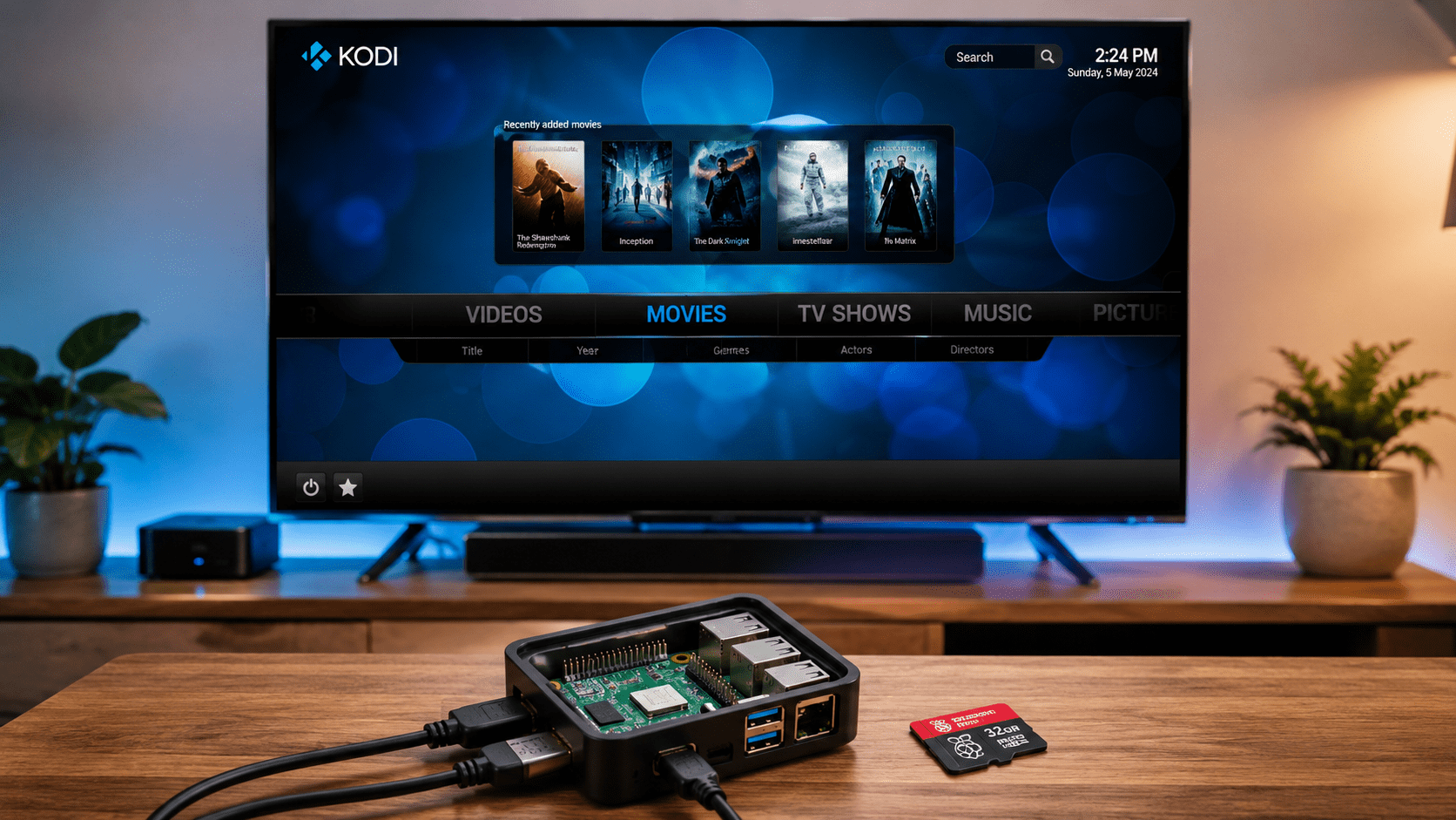 Raspberry Pi on a wooden table with HDMI cable connected in front of a TV showing the Kodi Movies interface