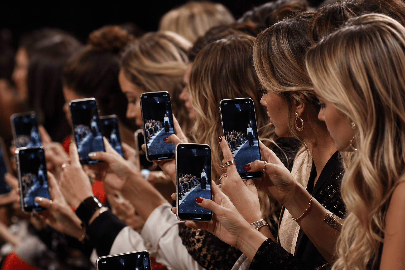 Crowd of fashion show attendees holding up smartphones to film a model on the runway