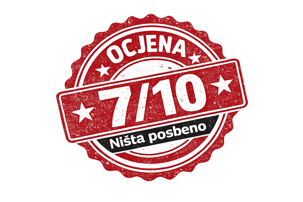 Red distressed stamp badge with the number 7710 across a diagonal ribbon and the text Ništa posebno