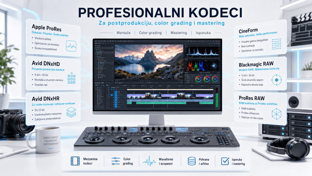 profesionalni kodeci High Tech News Infographic of a video editing workstation highlighting professional codecs for postproduction color grading and mastering around a central monitor