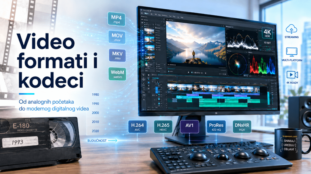 video formati istaknuta slika 1 High Tech News Infographic style banner about video formats and codecs showing MP4 MOV MKV WebM icons beside a video editing workstation
