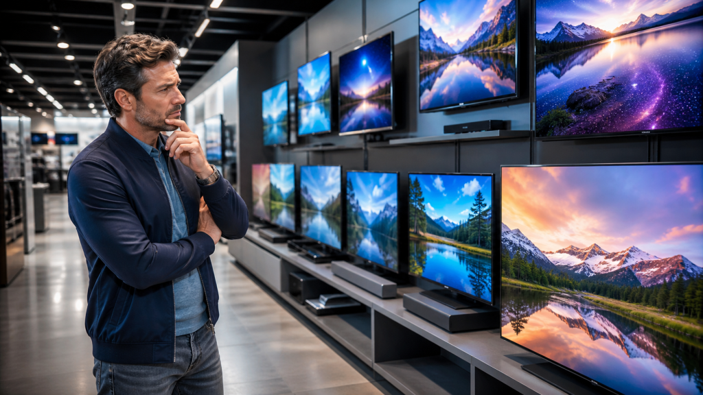 Man in a dark blue jacket studies a row of flat screen TVs on display in an electronics store