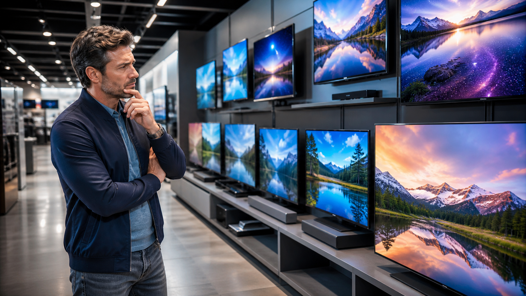 Man in a dark blue jacket studies a row of flat screen TVs on display in an electronics store