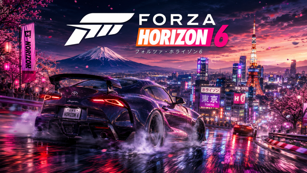 Forza Horizon 6 promotional image a sleek sports car drifts on a neon lit Tokyo street at night with Mount Fuji in the distance and pink cherry blossoms nearby