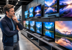 Man in a dark blue jacket studies a row of flat screen TVs on display in an electronics store