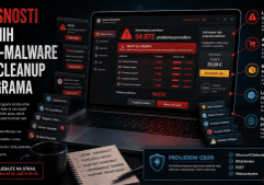 Promotional collage showing a laptop with a dark antivirus dashboard and red warnings about fake malware protection