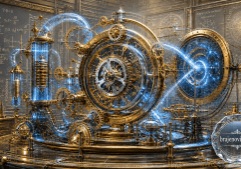 Ornate brass steel steampunk machine with interconnected gears and glowing blue energy tubes in a lab setting with chalkboard equations in the background