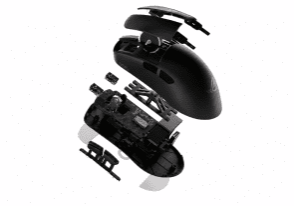 Exploded view of a black gaming mouse showing the shell PCB switches and internal components separated