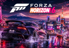 Forza Horizon 6 promotional image a sleek sports car drifts on a neon lit Tokyo street at night with Mount Fuji in the distance and pink cherry blossoms nearby