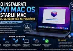 Banner o instalaciji macOS na starijem Mac u uz OpenCore Legacy Patcher prikazan MacBook Pro i USB ključ