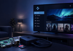 Raspberry Pi setup on a table with a TV displaying a media menu and recent movie thumbnails in a living room scene