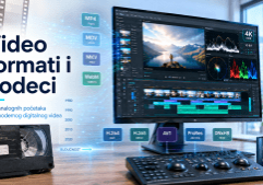 Infographic style banner about video formats and codecs showing MP4 MOV MKV WebM icons beside a video editing workstation